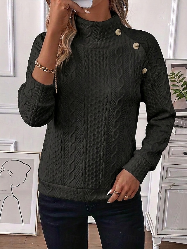 Women's Textured Pullover Sweatshirt Patchwork Buttons Casual Long Sleeve High Neck Regular Tops Home White Black Pink Violet Fall Winter - Black