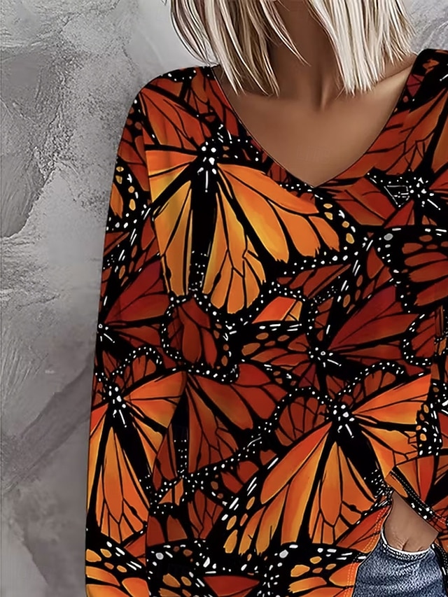 Women's T Shirt Print Graphic Butterfly Vintage Stylish Casual Long Sleeve V Neck Regular Tops Daily Blue Purple Orange Green Spring Fall - Orange