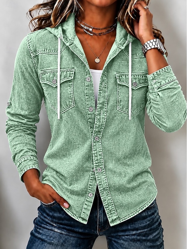 Women's Denim Blouse Denim Shirt Henley Shirt Graphic Plain Vintage Fashion Stylish Long Sleeve Hooded Regular Tops Casual Beach Blue Red Green Summer Spring Fall Winter - Green