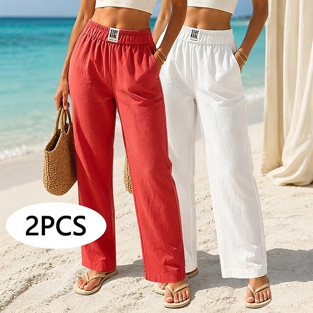 Multi Packs 2pcs Women's Cotton Linen Pants Trousers Casual Pants Summer Pants Vacation Fashion Streetwear Full Length High Waist Plain Pocket Elastic Waist Comfort Breathability Comfortable - White / Red