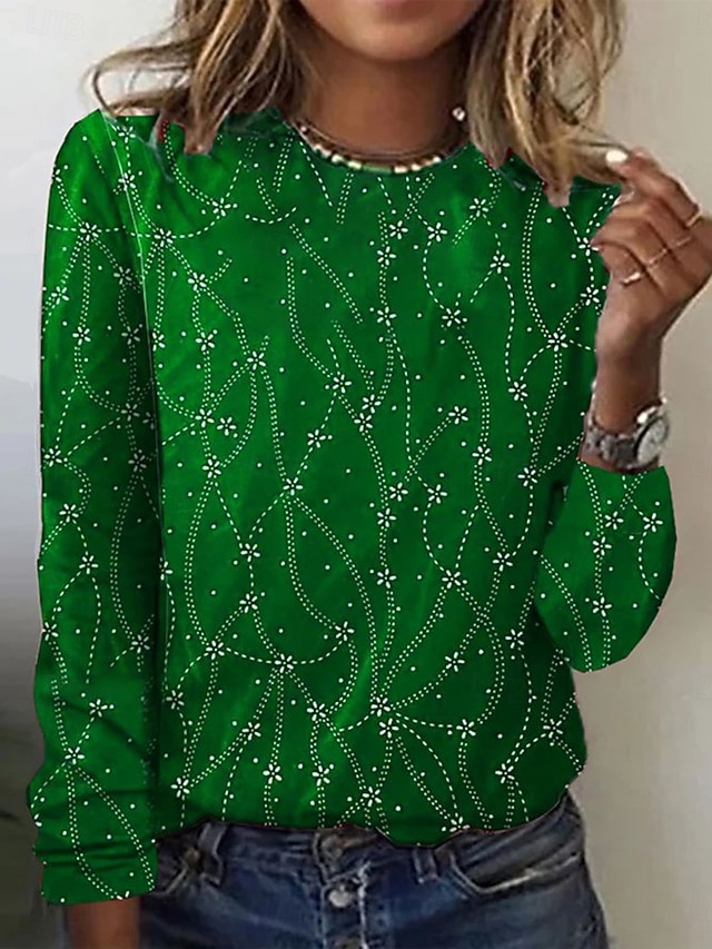 Women's T Shirt Print Floral Graphic Abstract Fashion Casual Long Sleeve Crew Neck Round Neck Regular Tops Daily Weekend Blue Black Red Green Summer Spring Fall - Green