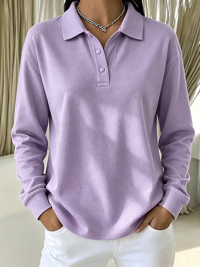 Women's 100% Cotton T Shirt Chest Buttons Plain Vintage Stylish Classic Long Sleeve Shirt Collar Polo Collar Long Tops Casual Daily Blue White Black Pink Red Spring Fall Winter - Black