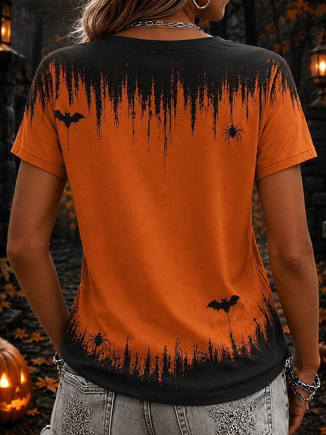 Halloween Women's T Shirt Print Graphic Abstract Vintage Stylish Casual Short Sleeve V Neck Regular Tops Casual Daily Weekend Blue Purple Orange Fall Winter - Orange