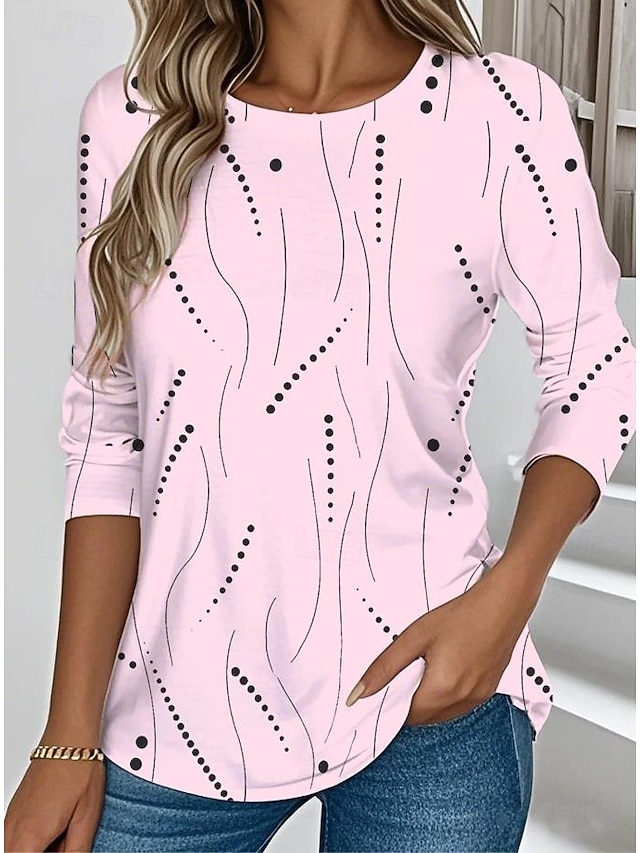 Women's T shirt Long Sleeve Crew Neck Long Sleeve Tunic Graphic Geometric Elegant Vintage Stylish Regular Tops Daily Print Yellow Pink Blue Prefall - Pink