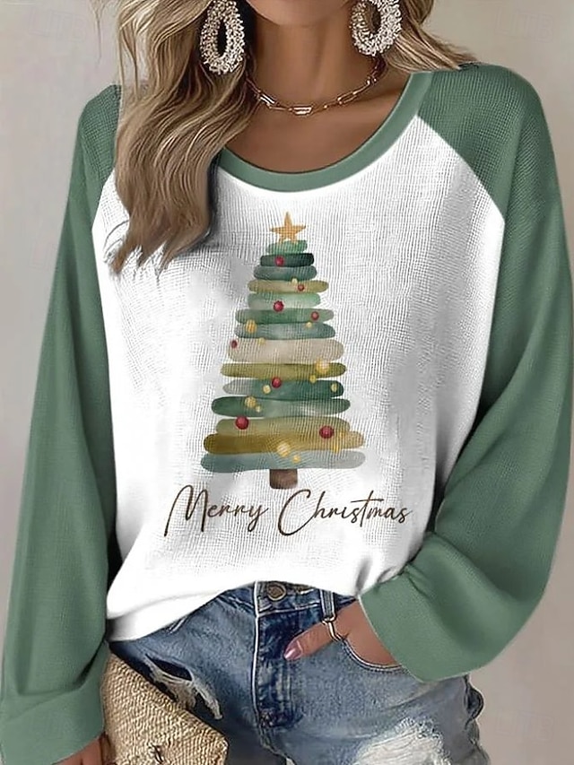 Christmas Women's Christmas Tree T Shirt Graphic Vintage Stylish Classic Long Sleeve Crew Neck Round Neck Regular Tops Daily Weekend Print Black Red Green Spring Fall Winter - Green