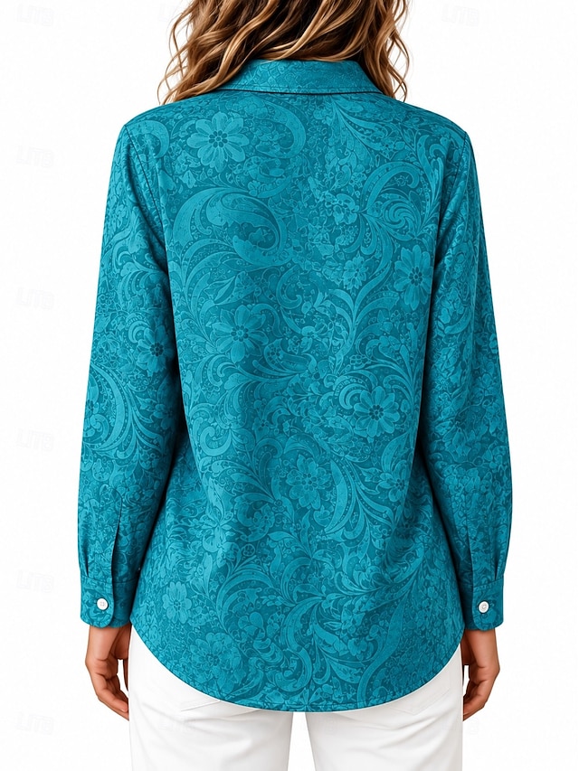 Women's Shirt Blouse Print Graphic Paisley Abstract Elegant Stylish Classic Long Sleeve Shirt Collar Regular Tops Casual Work Blue Purple Orange Spring Fall Winter - Blue