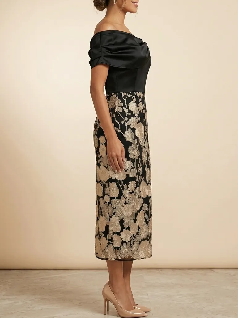 Black Off-the-Shoulder Midi Mother of the Bride Dress with Gold Floral Embroidery