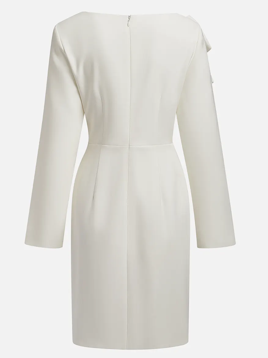 Cream White Bow Long Sleeve Sheath Midi Dress