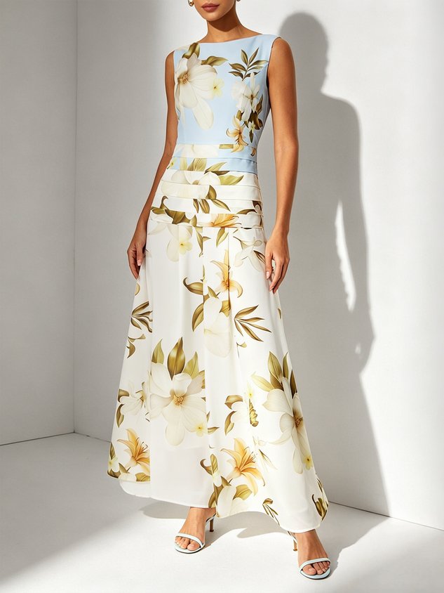 Light Blue Floral Ruched Classic Boat Neck Sleeveless A-Line Maxi Dress