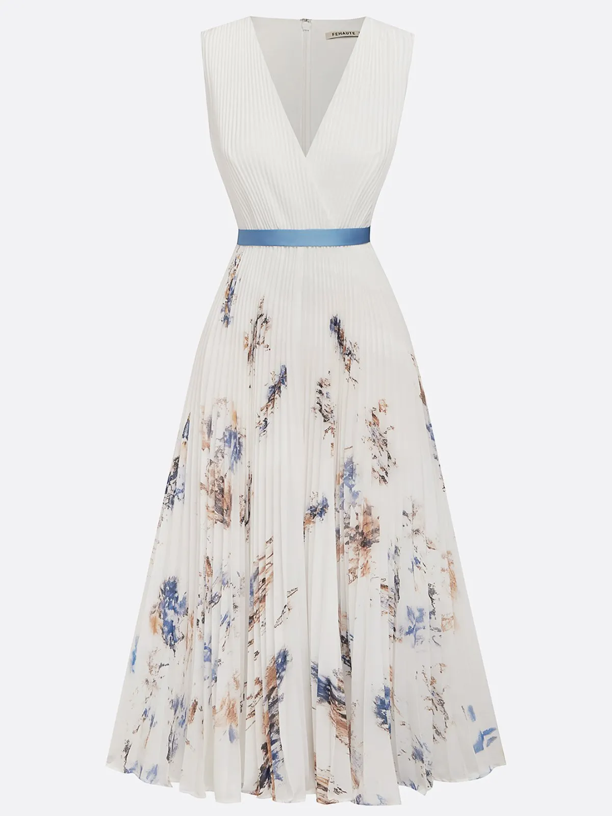 White Pleated Floral Chiffon V Neck Sleeveless A-Line Midi Dress