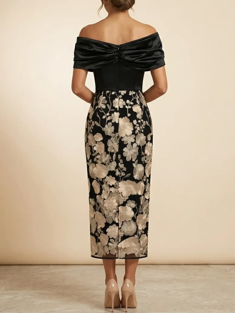 Black Off-the-Shoulder Midi Mother of the Bride Dress with Gold Floral Embroidery - Black