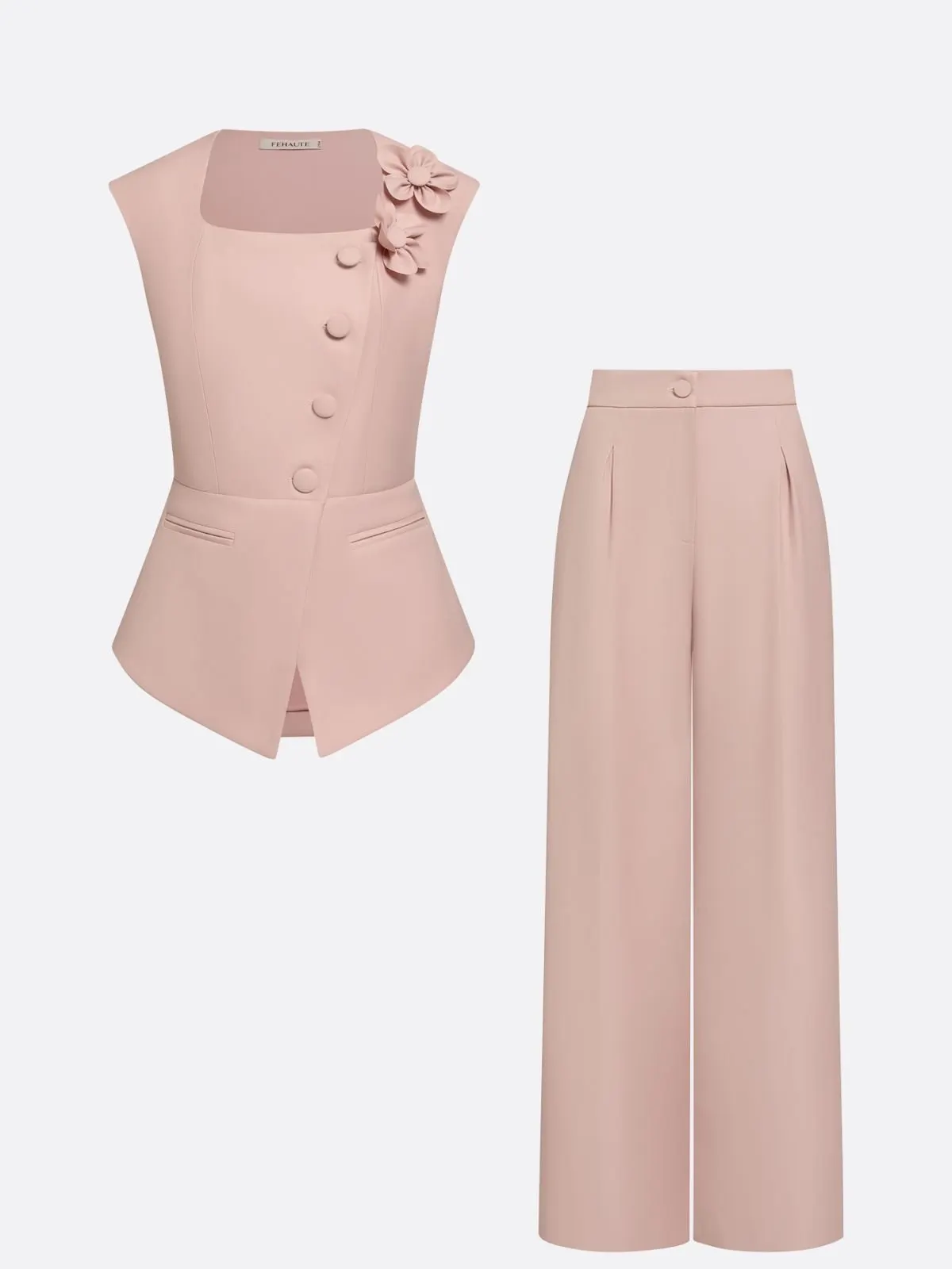 Women Pink 3D Floral Square Neck Sleeveless Dressy Top With Pants Two-Piece Set