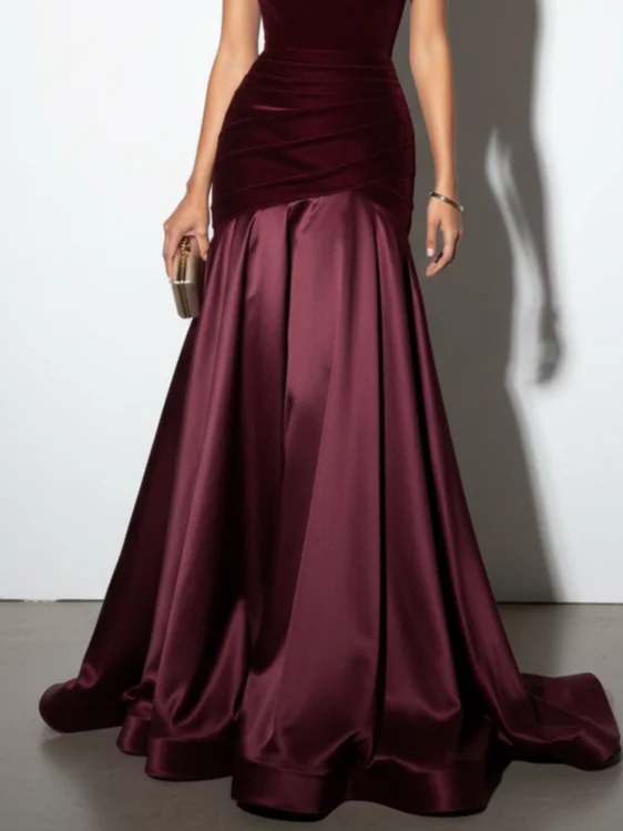 Burgundy Satin Ruched Split Joint Velvet One Shoulder Sleeveless A-Line Gown Dress