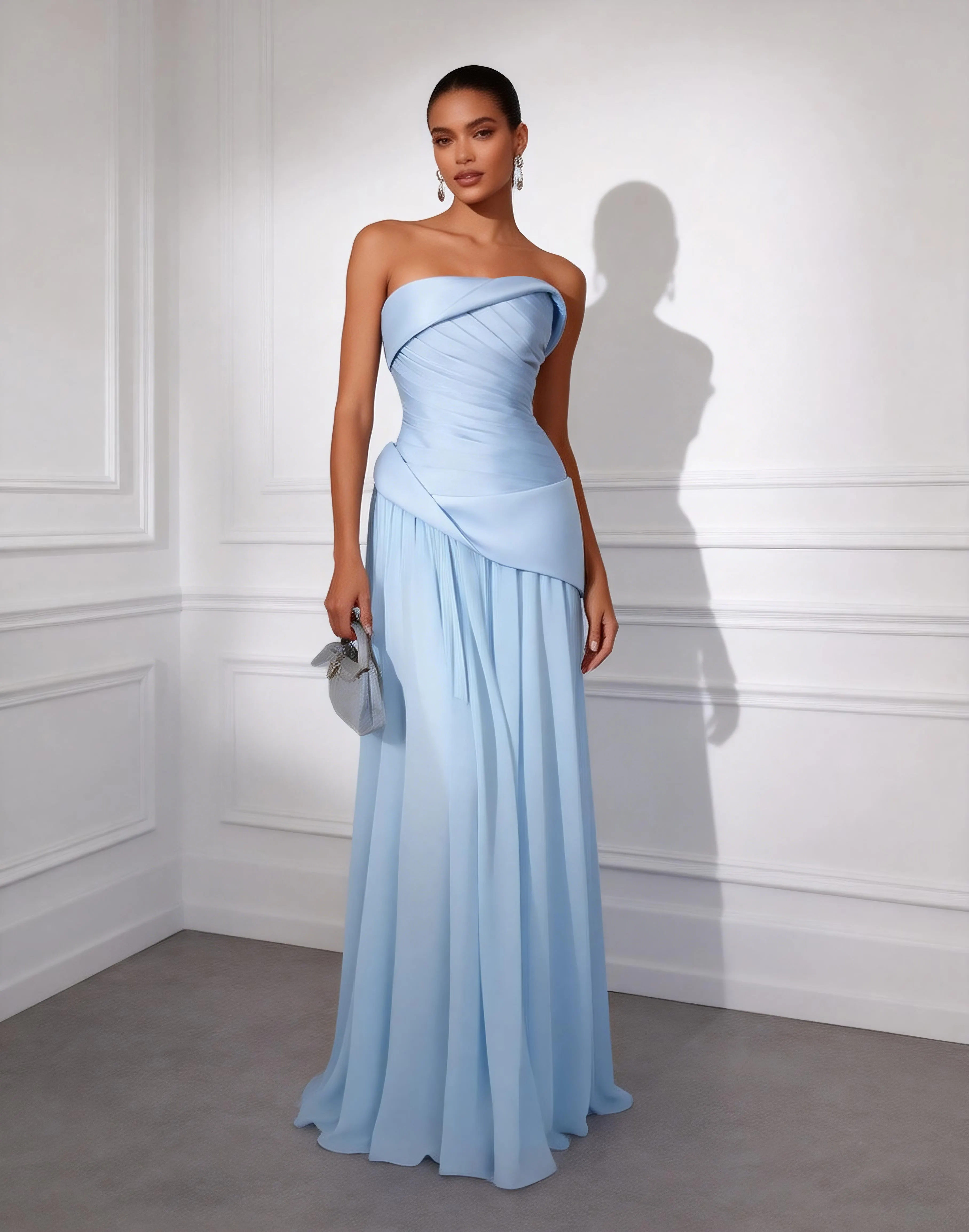 Light Blue Ruched Classic Strapless Sleeveless A-Line Gown Dress