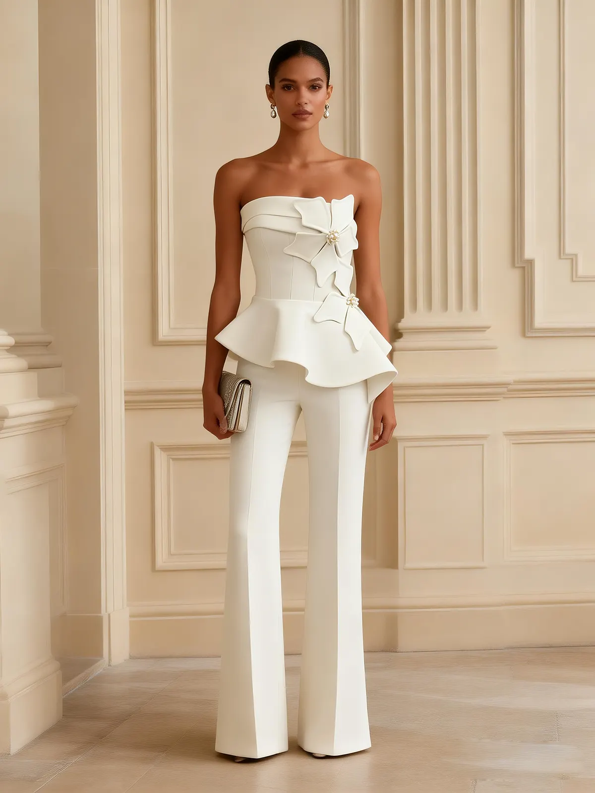 Women White 3D Floral Pearl Strapless Sleeveless Dressy Jumpsuit