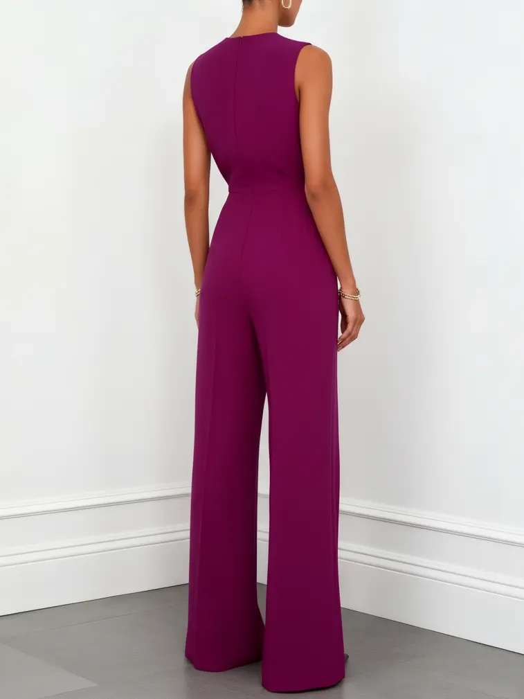 Women Purple V Neck Sleeveless Dressy Jumpsuit