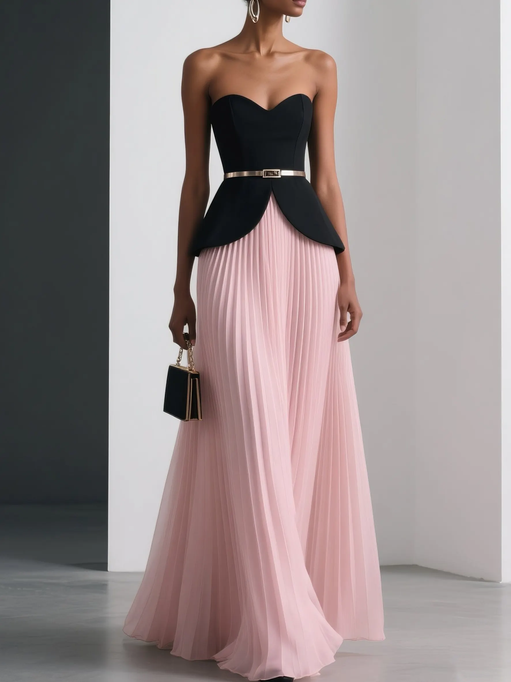 Women Pink Pleated Strapless Sleeveless Dressy Top With Skirt Two-Piece Set - Pink