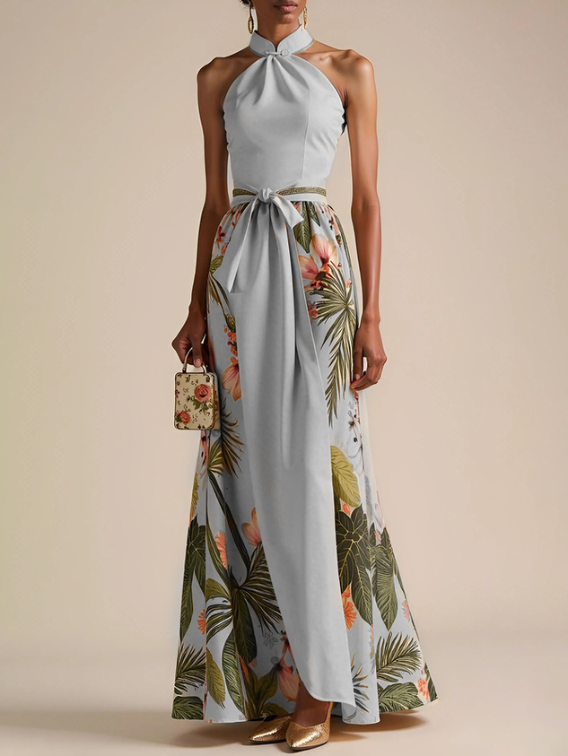 Beige Floral Bow Satin Halter Neck Sleeveless A-Line Gown Dress