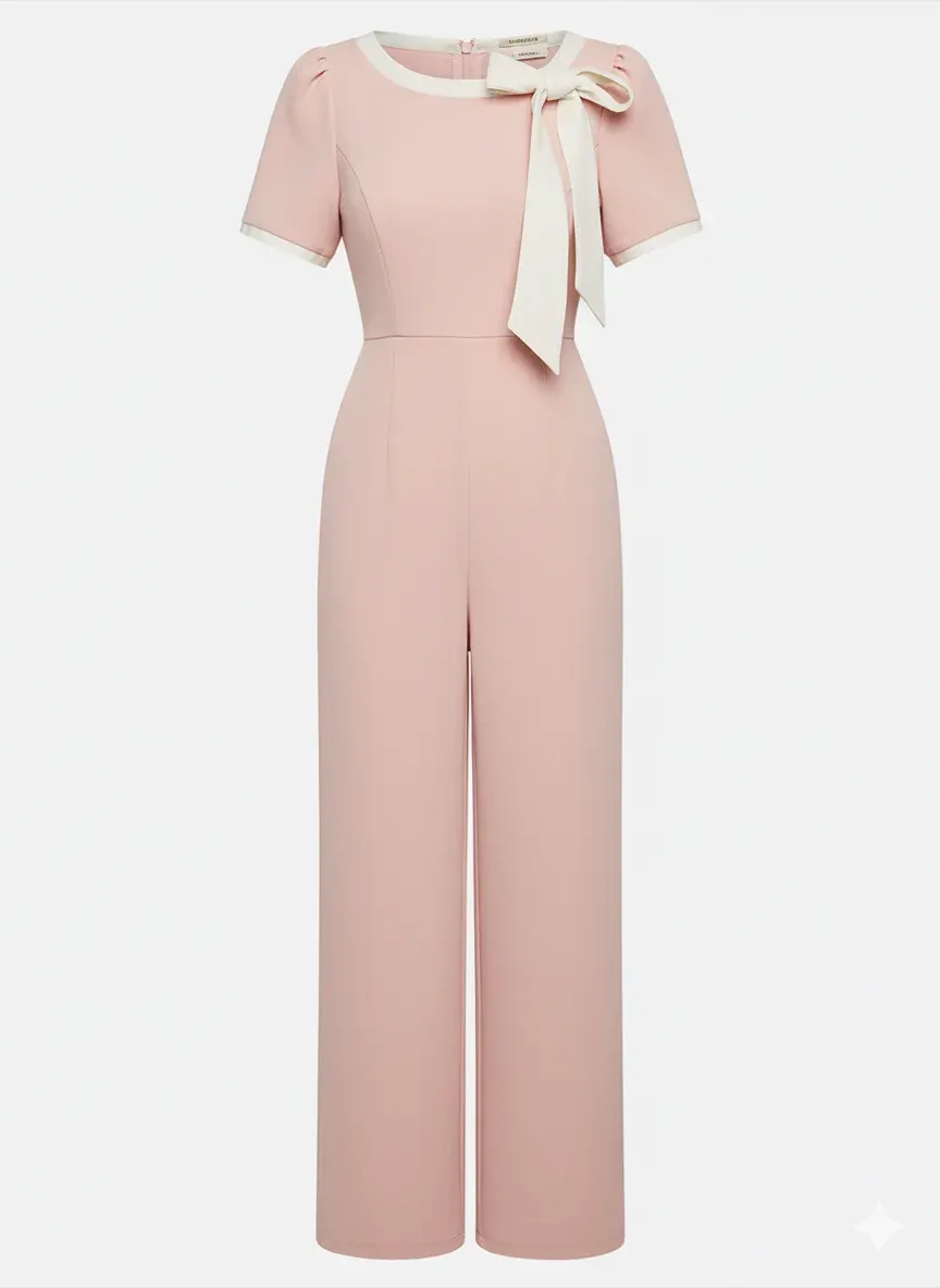 Women Black Bow Tie Neck Short Sleeve Dressy Jumpsuit