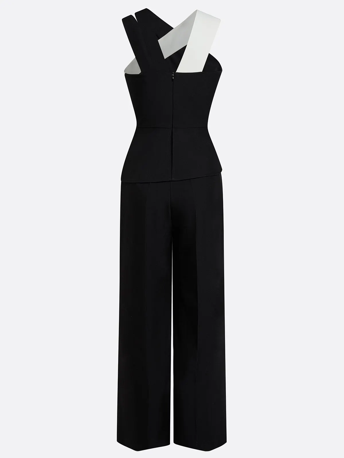 Women Black Cross Pocket Stitching Halter Sleeveless Dressy Jumpsuit