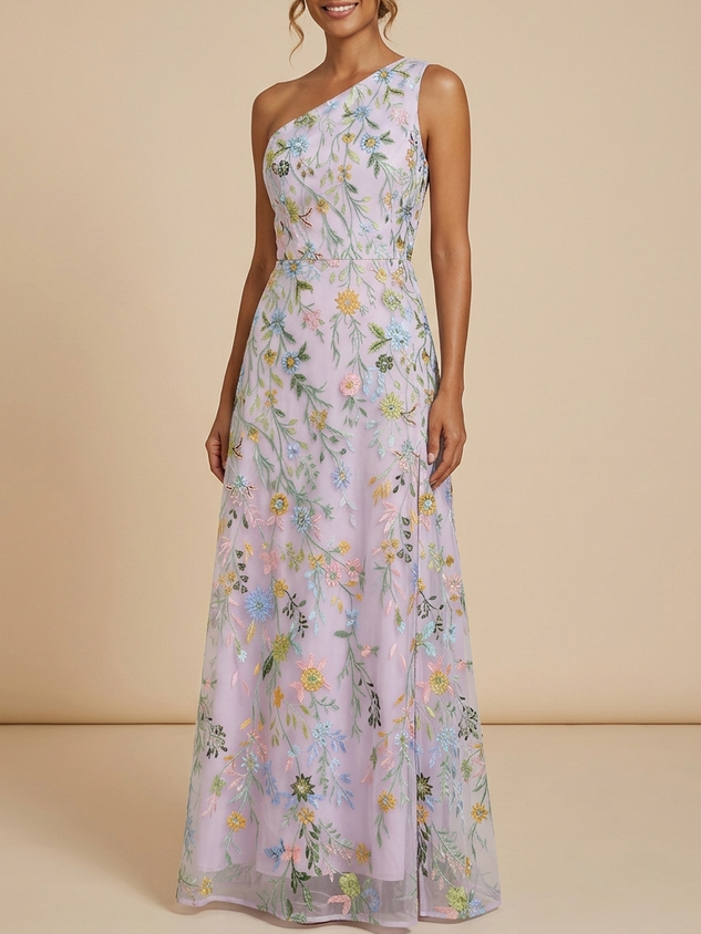 One-Shoulder Floral Embroidered Mother of the Bride Dress - Maxi A-Line Lavender Mesh Gown