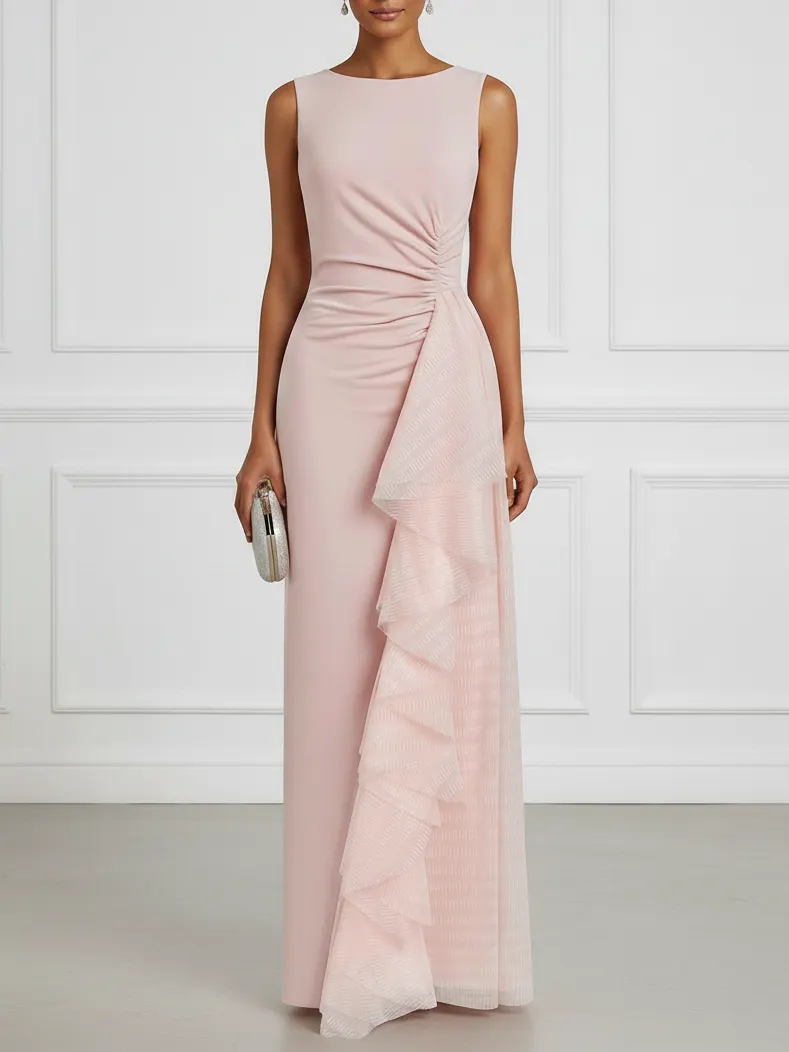 Pink Mesh Ruched Knit Boat Neck Sleeveless Sheath Maxi Dress
