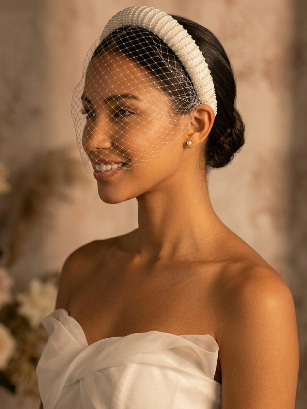 French Hepburn Style Handmade Bridal Veil, White Vintage Beaded Mesh Headband Wedding Face-covering Hair Accessory Headband (Mesh Length 22cm)