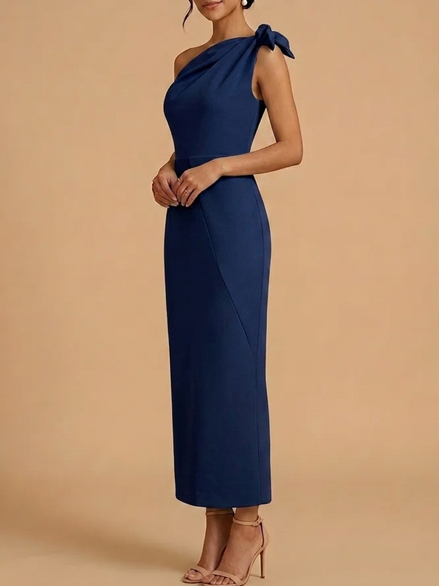 Navy Blue One-Shoulder Maxi Bridesmaid Dress - Elegant Bow Detail Formal Gown for Wedding Guest