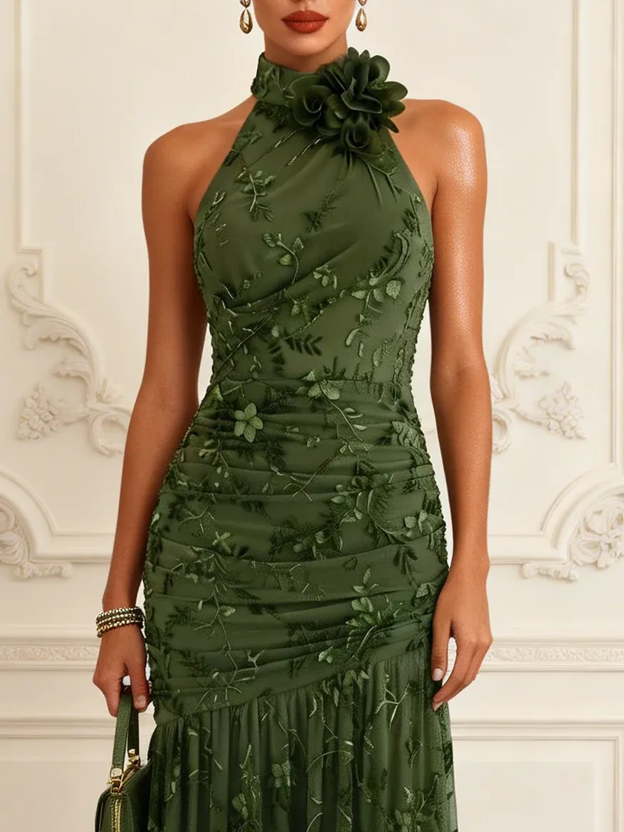 Army Green 3D Floral Flocked Classic Halter Neck Sleeveless A-Line Gown Dress