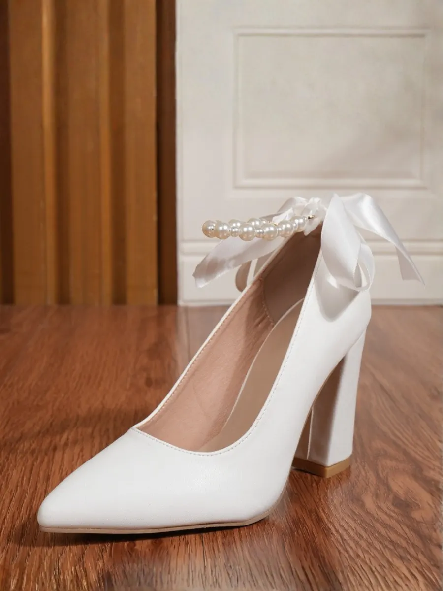 Stylish Pearl Chain-stitched Bow-embellished Chunky Heels