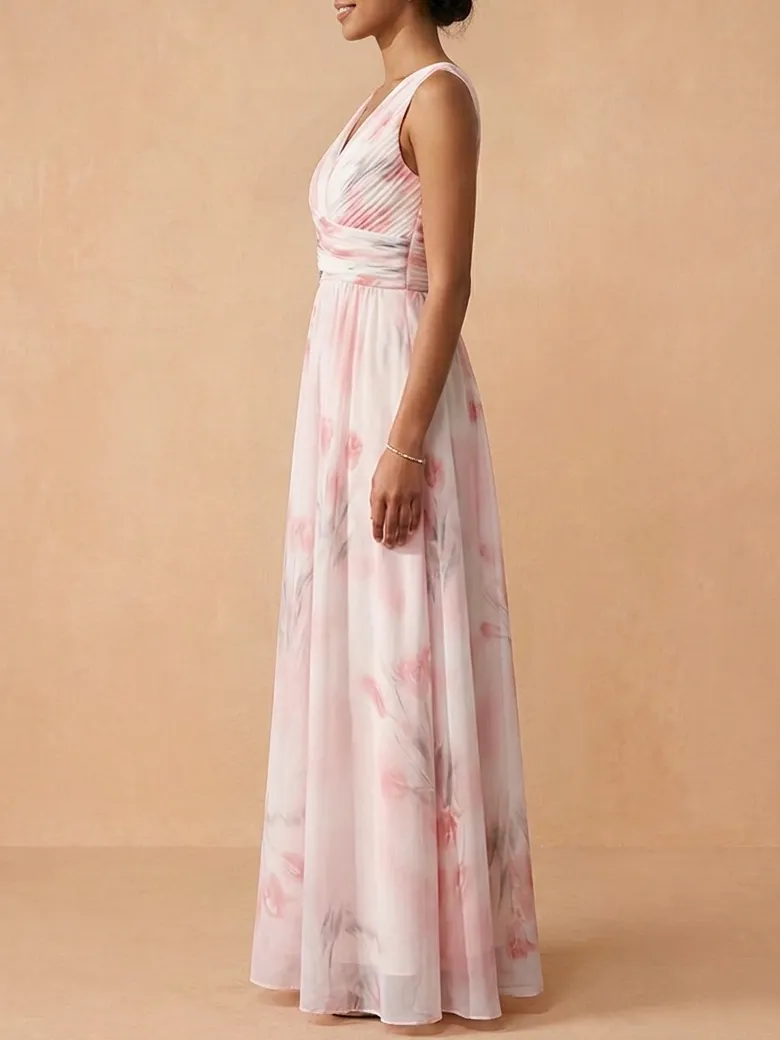 Blush Pink Floral Chiffon V Neck A-Line Maxi Bridesmaid Dress