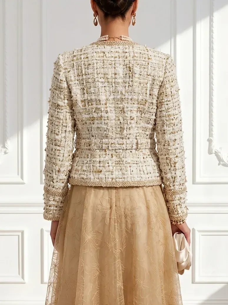 Women Spring/Fall Khaki Tweed Webbing V Neck Jacket