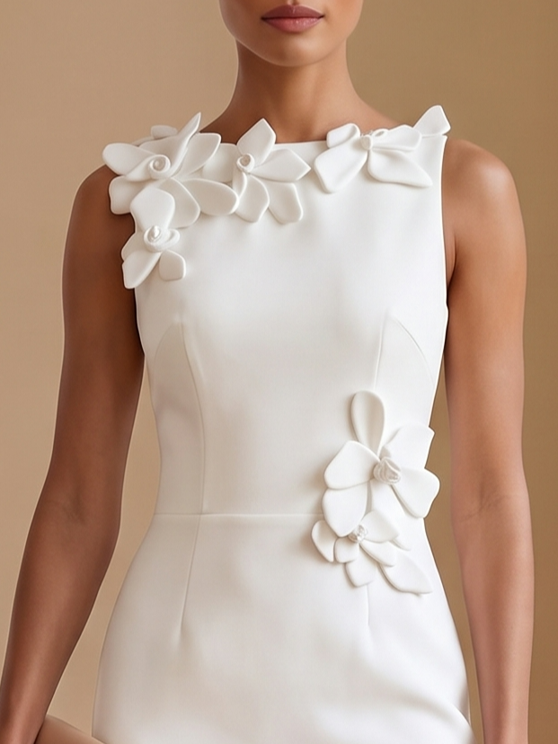 White 3D Floral Classic Crew Neck Sleeveless Sheath Midi Dress - White