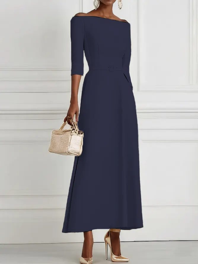 Purplish Blue Classic Off The Shoulder Half Sleeve A-Line Maxi Dress - Purplish Blue