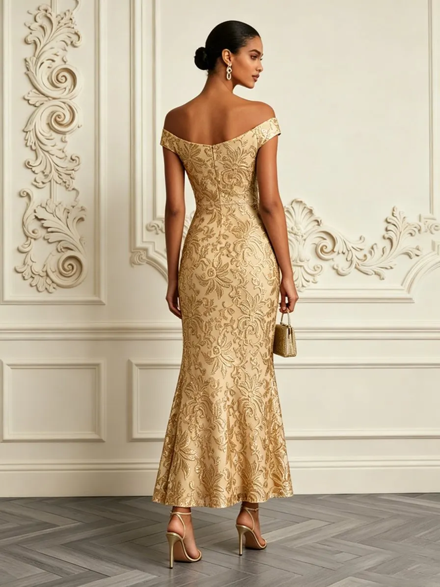 Champagne Jacquard Bone Lace Off The Shoulder Short Sleeve Mermaid Maxi Dress