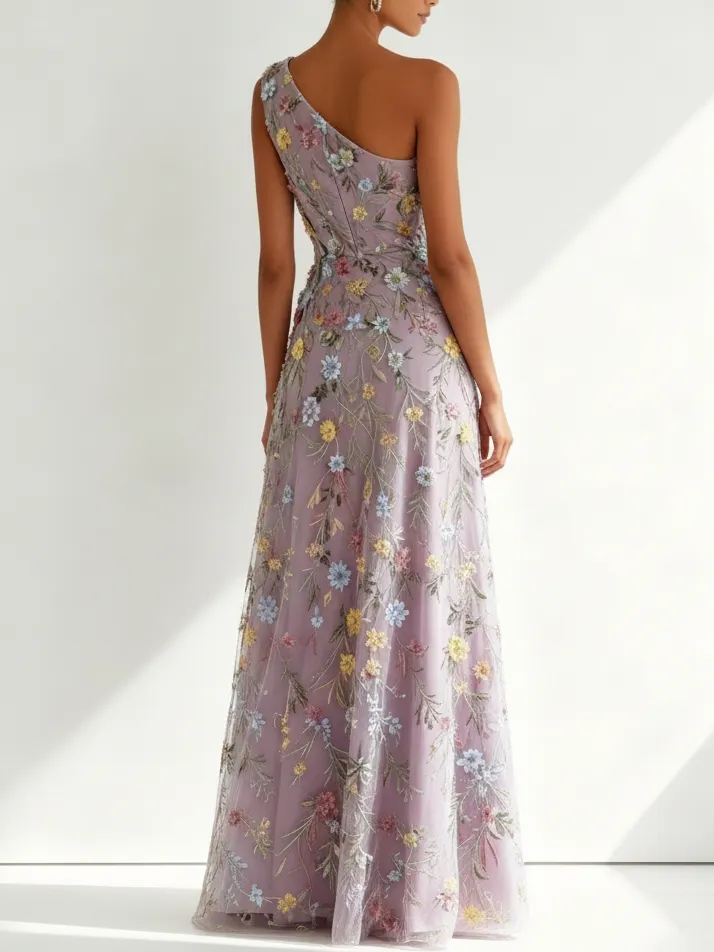 Light Purple Floral Embroidered Classic One Shoulder Sleeveless A-Line Floor-length Gown Dress