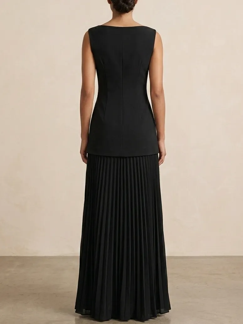 Black Pleated Maxi Boat Neck Sleeveless A-Line Bridesmaid Dress - Black