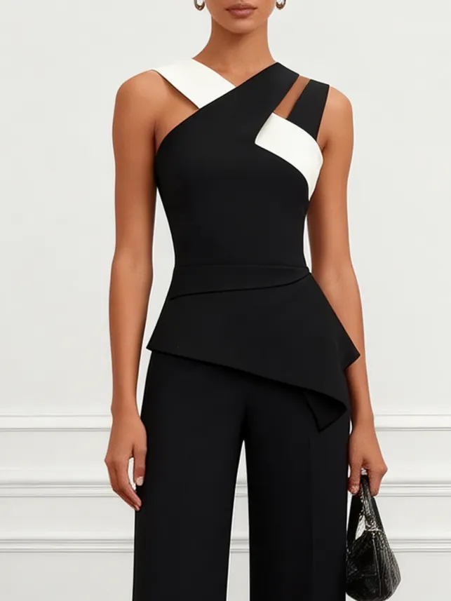 Women Black Cross Pocket Stitching Halter Sleeveless Dressy Jumpsuit
