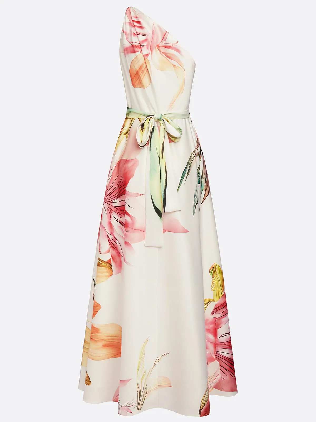 Pink Floral Satin One Shoulder Sleeveless A-Line Floor-length Gown With Pockets