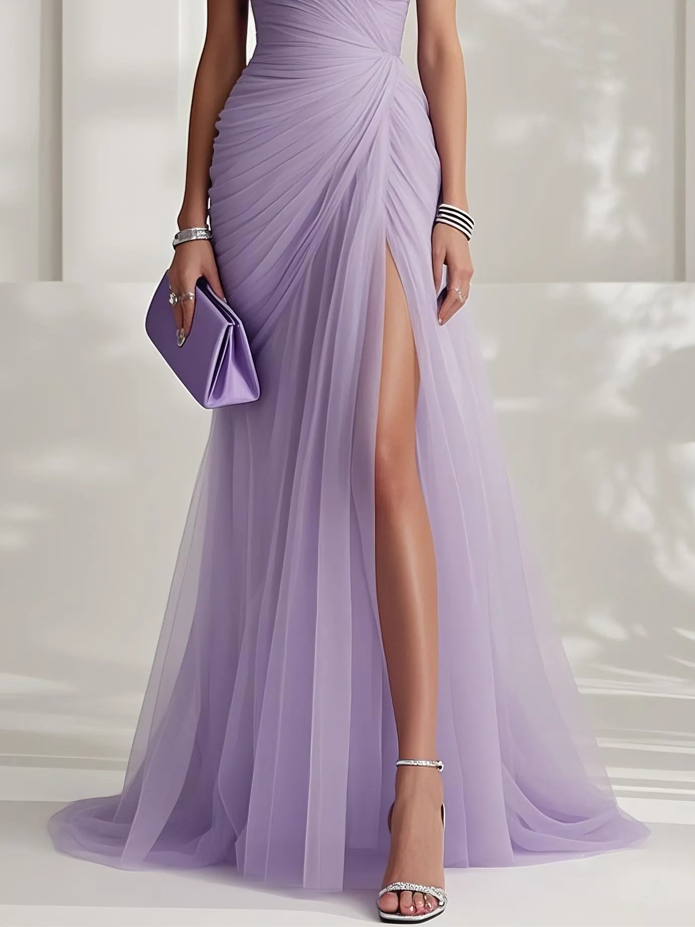 Ruched Slit Tulle Strapless Sleeveless Sheath Gown Dress