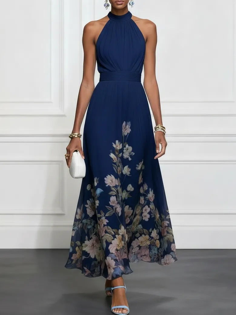 Navy Blue Floral Chiffon Halter Neck Sleeveless A-Line Maxi Dress - Navy Blue