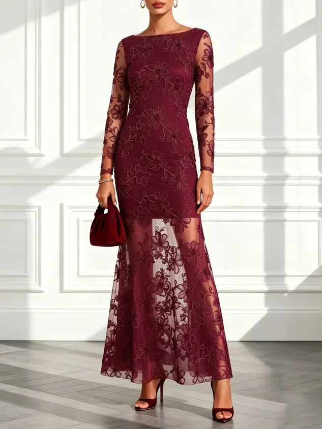 Wine Red Jacquard Lace Boat Neck Long Sleeve Mermaid Maxi Dress