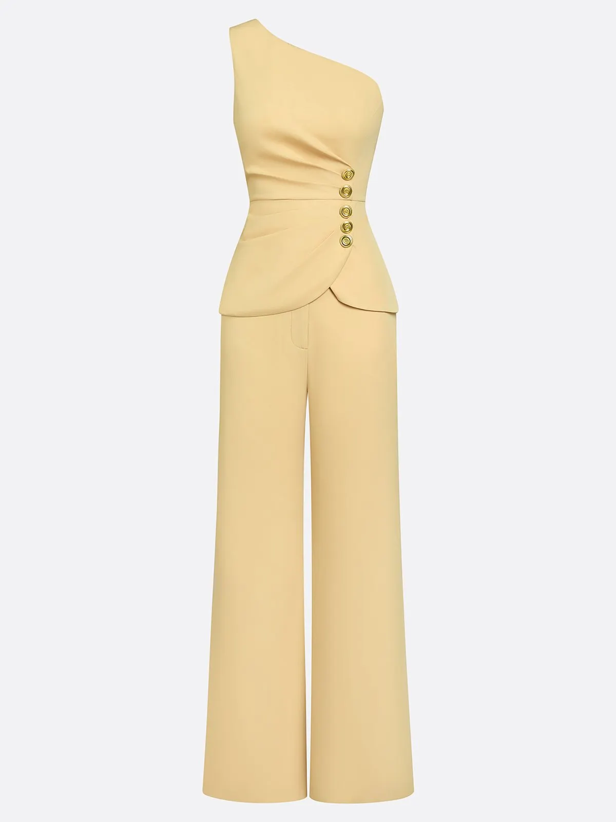 Women Yellow Buckle Ruched One Shoulder Sleeveless Dressy Top With Pants Two-Piece Set