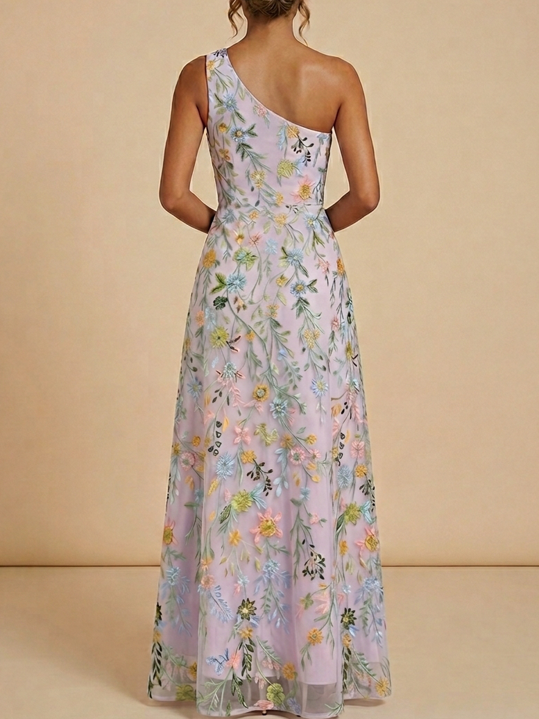 One-Shoulder Floral Embroidered Mother of the Bride Dress - Maxi A-Line Lavender Mesh Gown - Light Purple