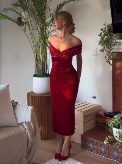 Wine Red Off The Shoulder Velvet Sheath Maxi Dress