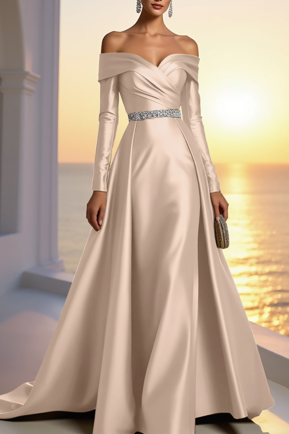 Formal Champagne Satin Dress Off The Shoulder Long Sleeve Maxi Gown