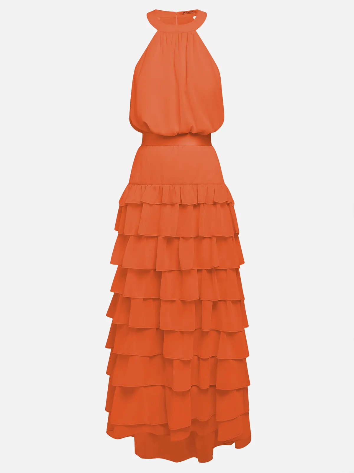 Burnt Orange Halter Tiered Ruffle Maxi Bridesmaid Dress