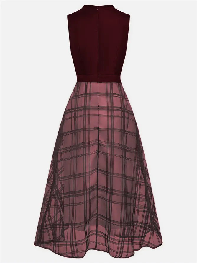 Wine Red Organza Plaid Classic Mock Neck Sleeveless A-Line Midi Dress