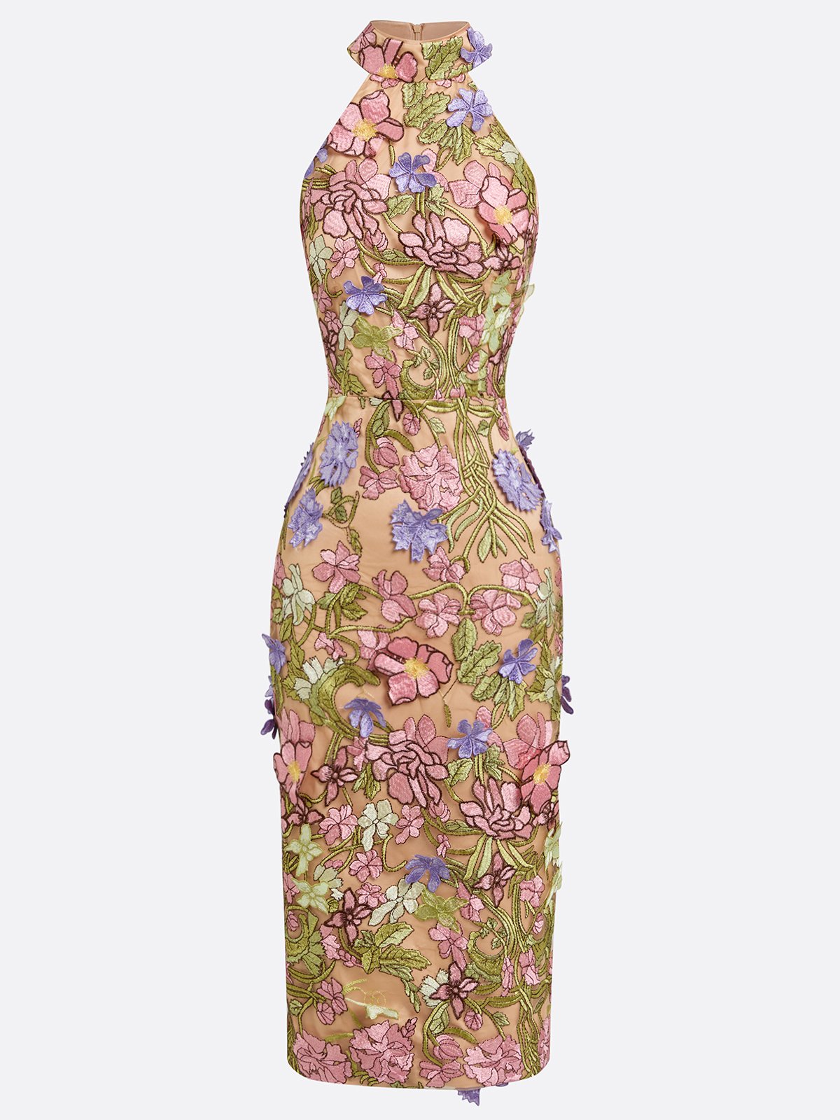 Khaki 3D Floral Appliqué Lace Halter Neck Sleeveless Sheath Midi Dress