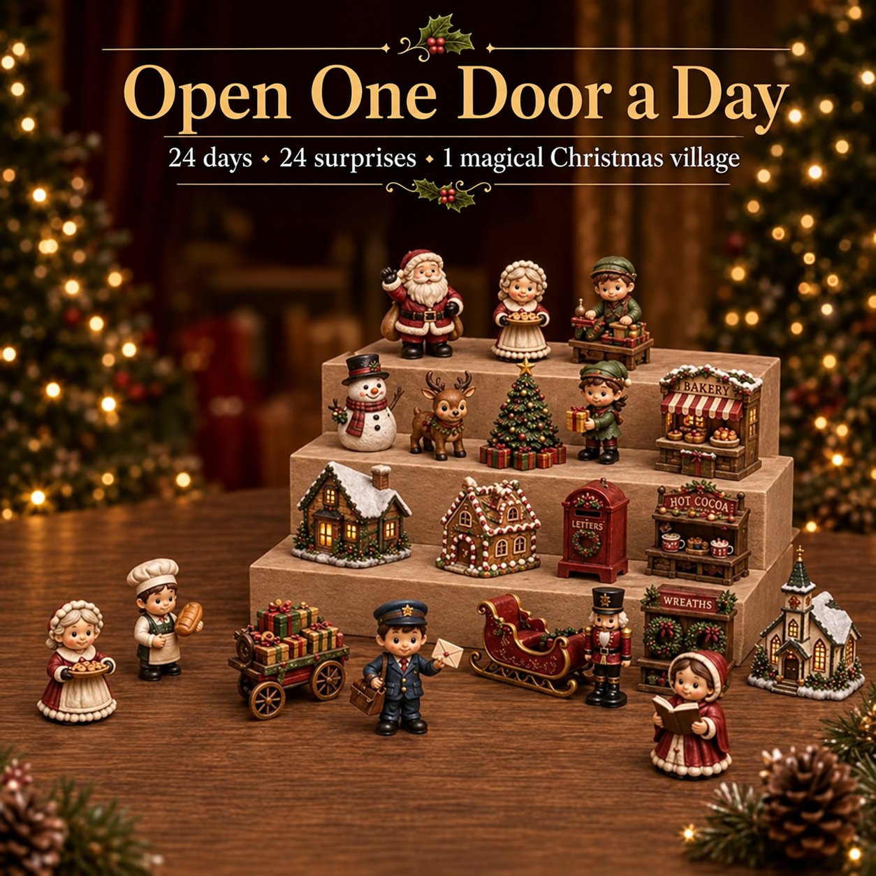 24-Day Christmas Village Friends Advent Calendar - 24 Unique 2D Miniatures, Shops & Festive Collectibles